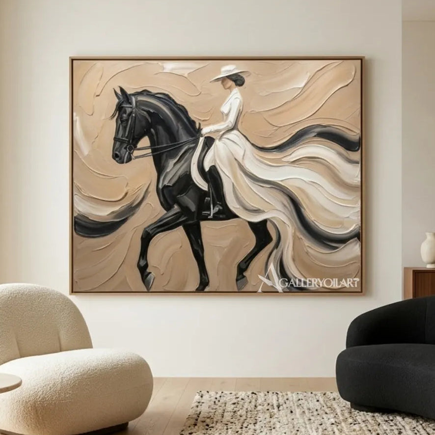 Woman-riding-a-dark-horse-in-a-flowing-light-dress-portrait-art-in-a-minimalist-lounge