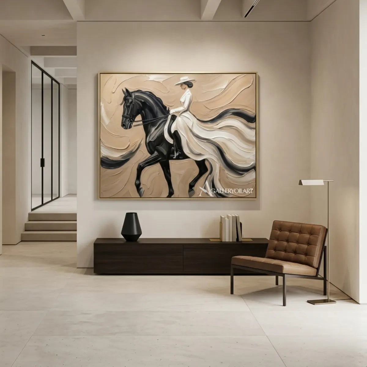 Woman-riding-a-dark-horse-in-a-flowing-light-dress-portrait-art-above-seating-in-a-neutral-room