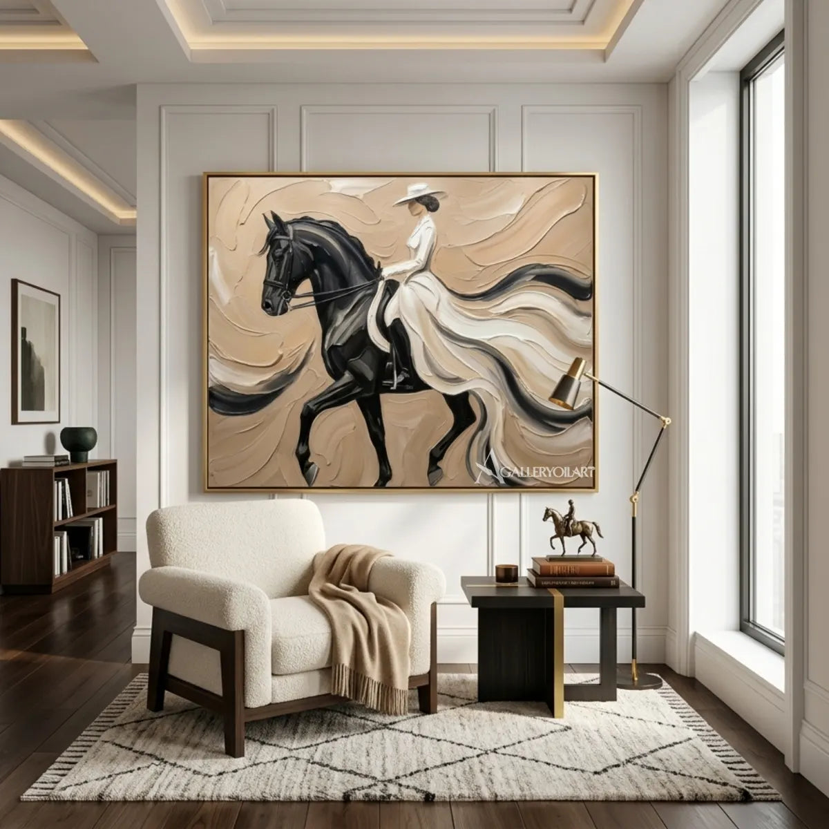 Woman-riding-a-dark-horse-in-a-flowing-light-dress-portrait-art-in-a-sunlit-contemporary-interior