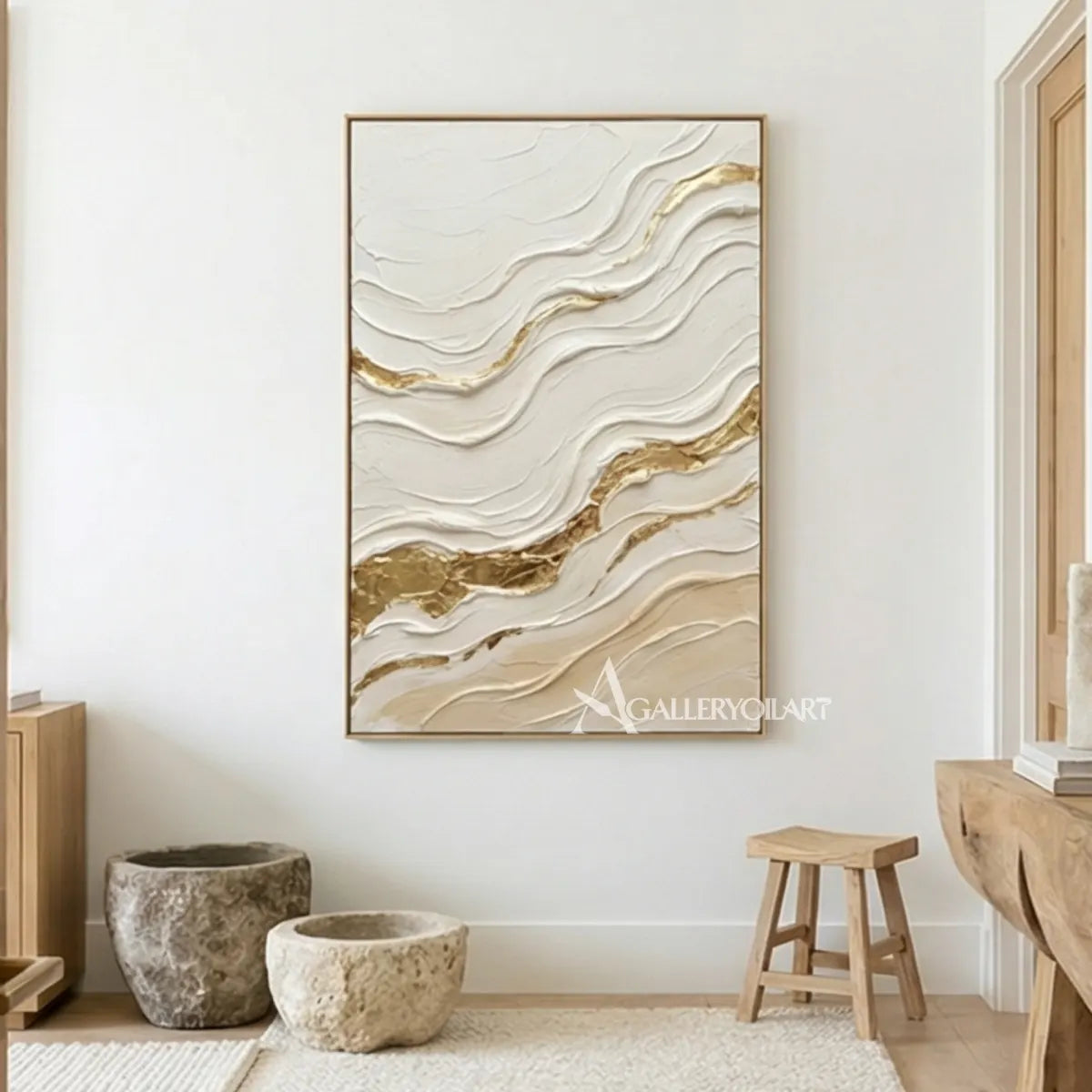 textured-3d-flowing-raised-ribbons-ivory-cream-soft-beige-warm-taupe-and-metallic-gold-wall-art-in-hallway