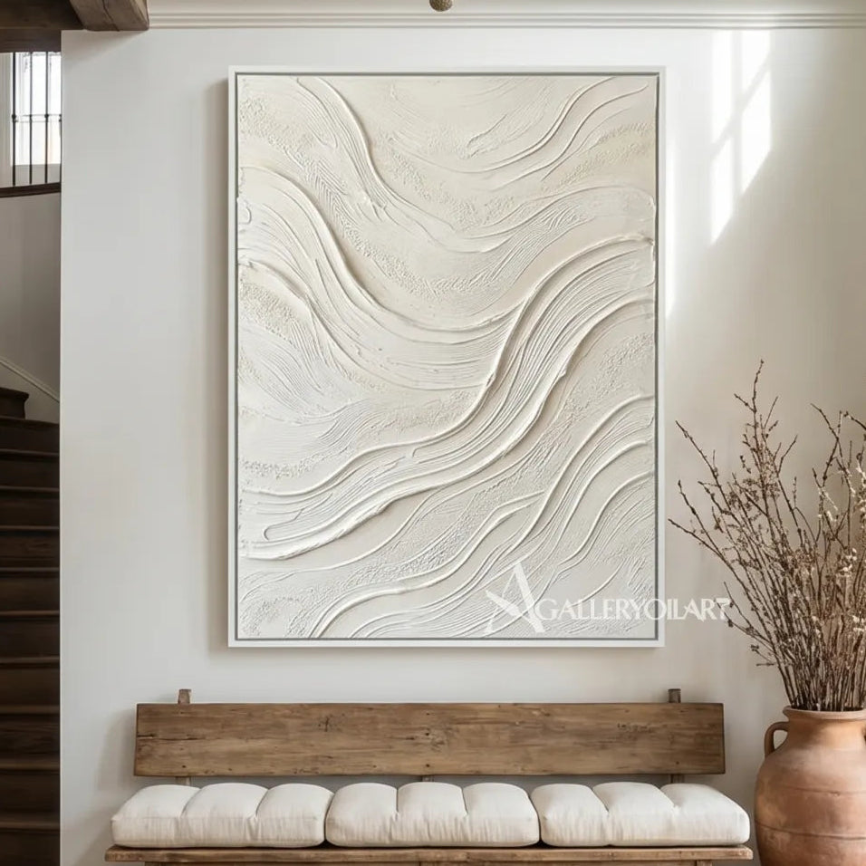 Textured-3D-white-flowing-relief-wall-art-in-a-warm-entryway