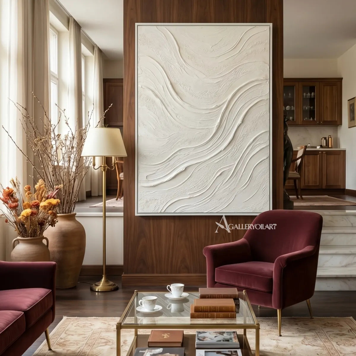 Textured-3D-white-flowing-relief-wall-art-framed-view