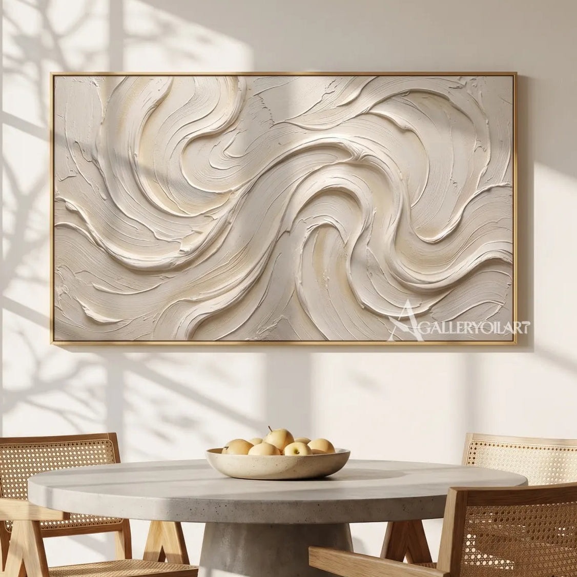 Textured 3D flowing ribbons in white and warm neutral relief in a dining room