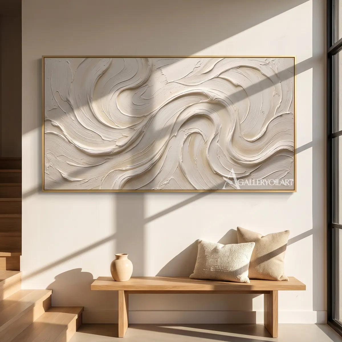 Textured 3D flowing ribbons in white and warm neutral relief in a gallery wall