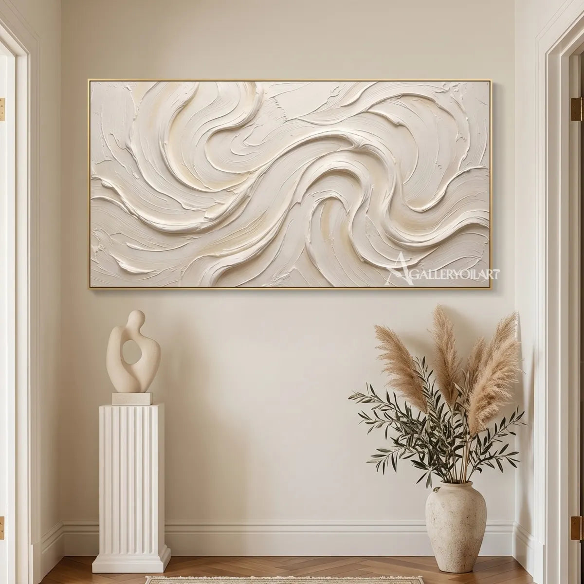Textured 3D flowing ribbons in white and warm neutral relief in a hallway