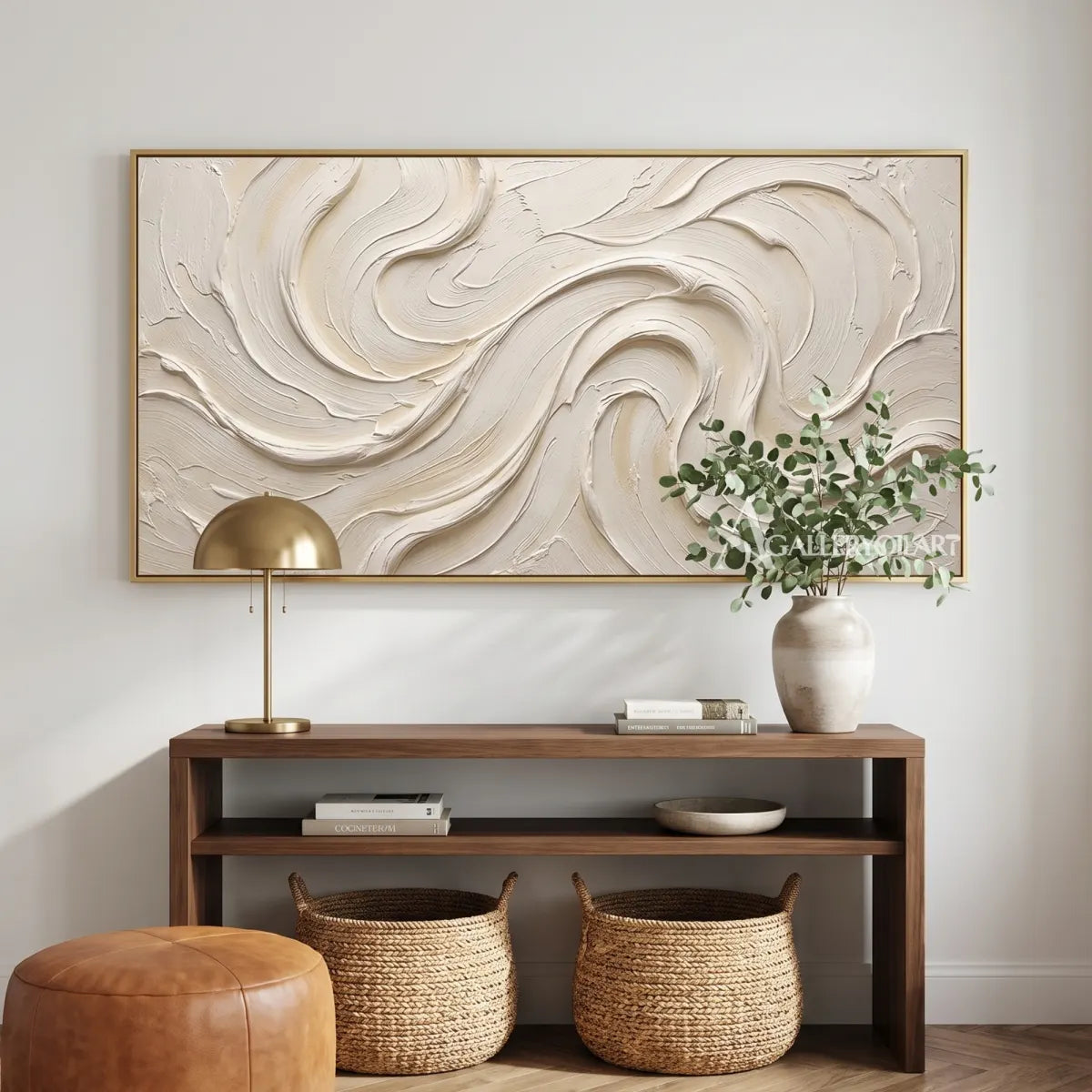 Textured 3D flowing ribbons in white and warm neutral relief in a modern entryway