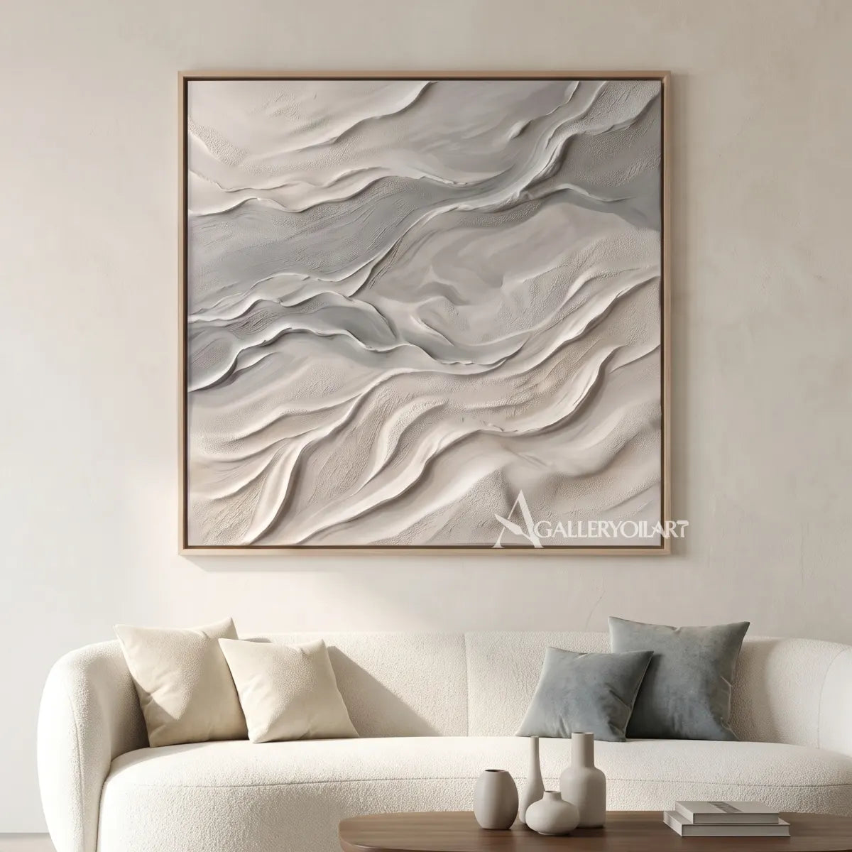 Textured 3D flowing ridges in beige and gray relief-in-gallery-space