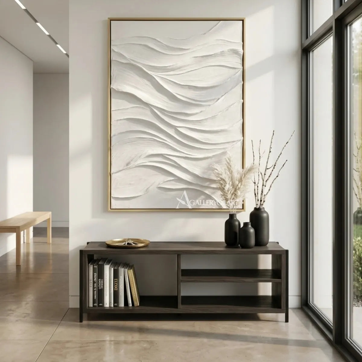 Textured 3D-white-and-gray-flowing veil-wall-art-a-bright-entryway