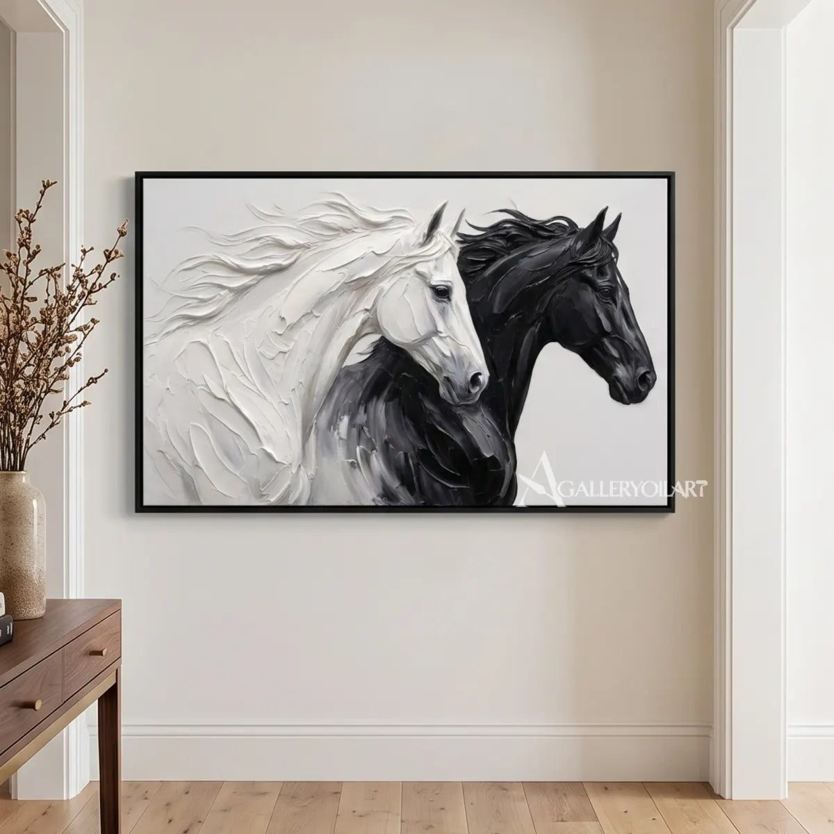 a white and dark horse pair captured in forward motion-animal-black-contemporary-living-room