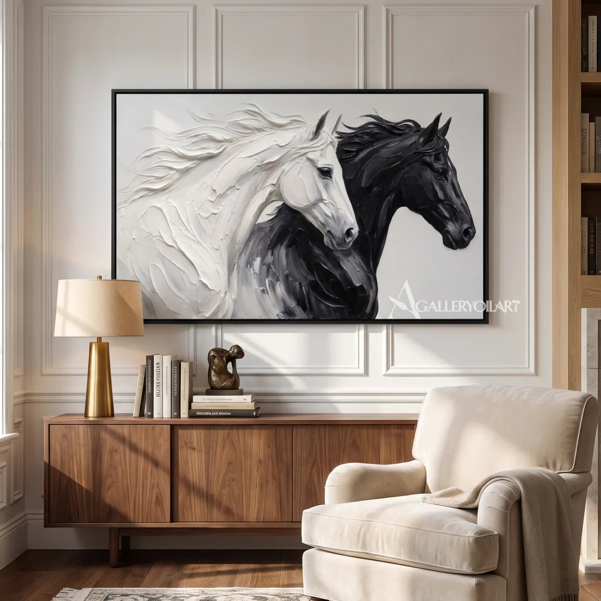 a white and dark horse pair captured in forward motion-animal-black-double-height-living-room