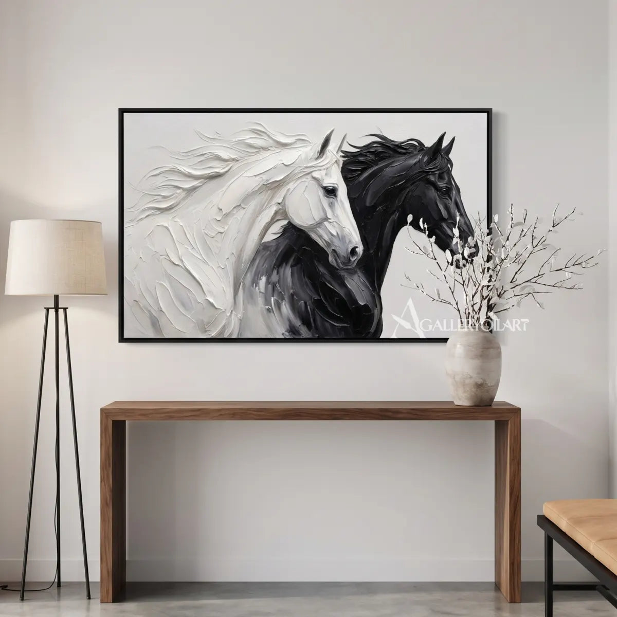 a white and dark horse pair captured in forward motion-animal-black-entryway