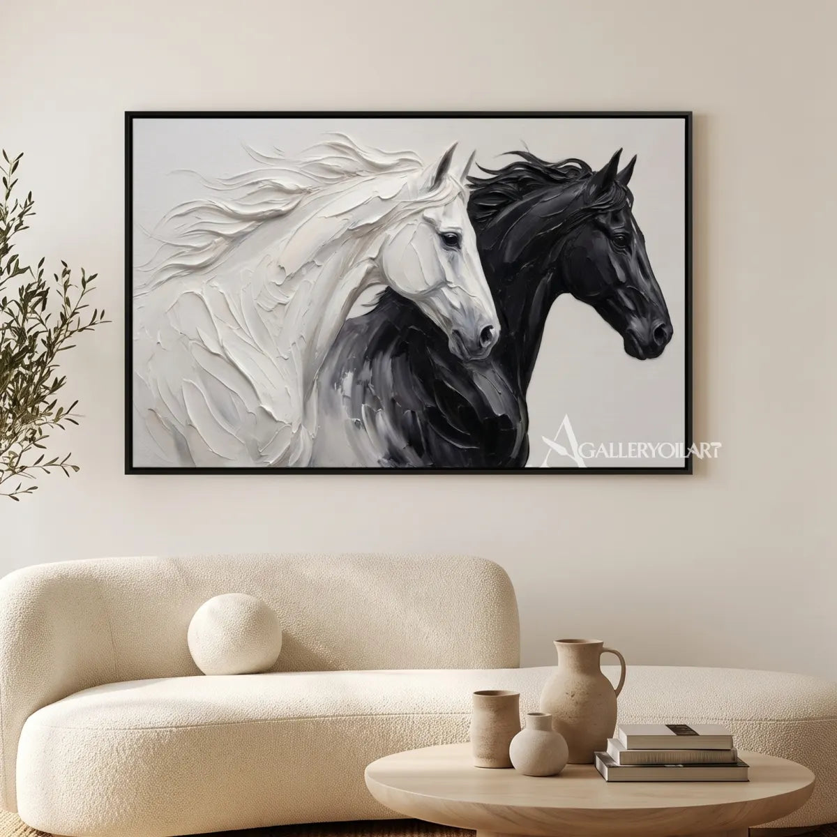 a white and dark horse pair captured in forward motion-animal-black-gallery-room