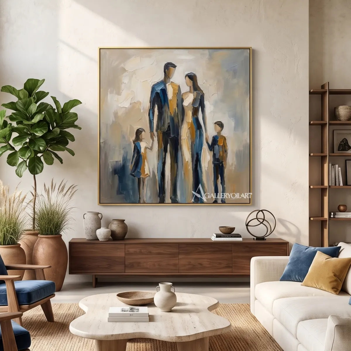 Blue-and-ochre-portrait-art-of-a-gathered-figure-group-in-a-double-height-lounge