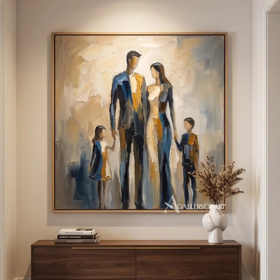 Contemporary-figure-painting-with-blue-and-ochre-tones-in-a-transitional-hallway