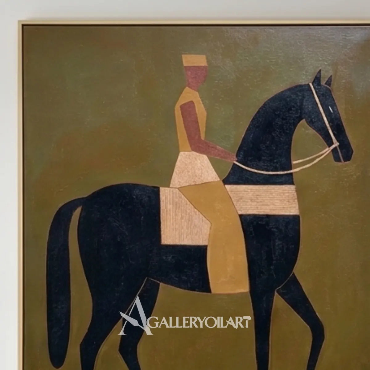 Close-view-of-Western-cowboy-art-showing-a-geometric-rider-on-a-dark-horse-against-an-ochre-brown-ground