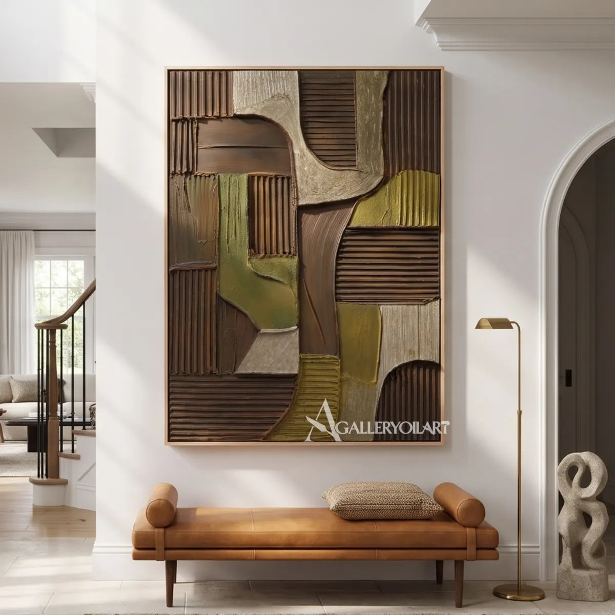 Textured-3D-brown-and-olive-geometric-relief-painting-above-a-hallway-bench