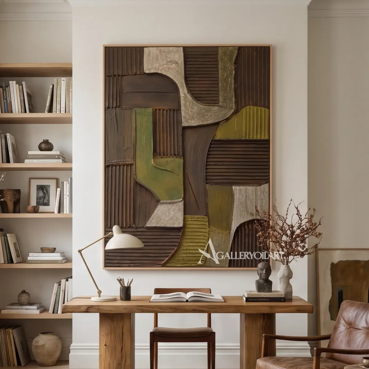 Textured-3D-brown-and-olive-geometric-relief-painting-in-a-modern-home-office