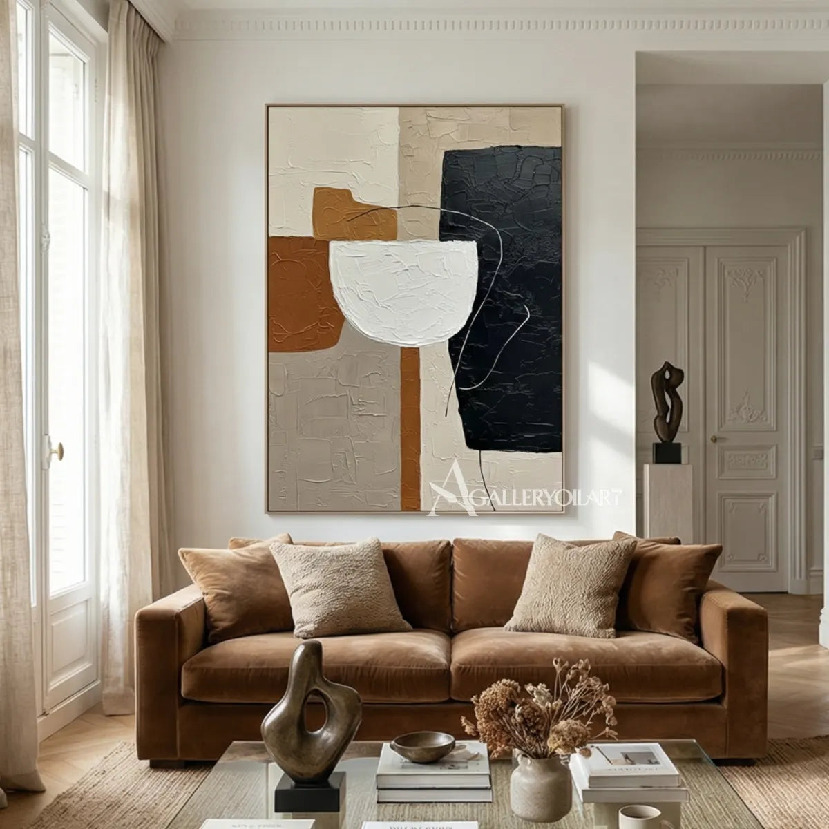 abstract-art-ochre-black-and-ivory-vessel-forms-in-a-lounge