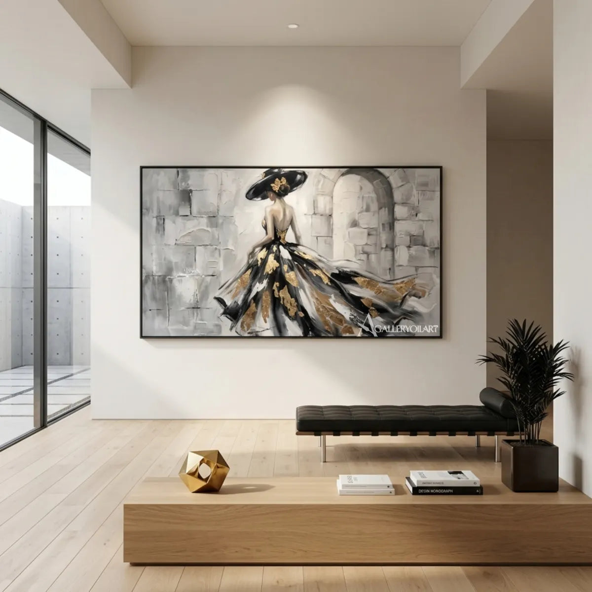 Woman-in-a-flowing-black-and-gold-gown-portrait-art-in-a-contemporary-interior-with-monochrome-and-gold-tones