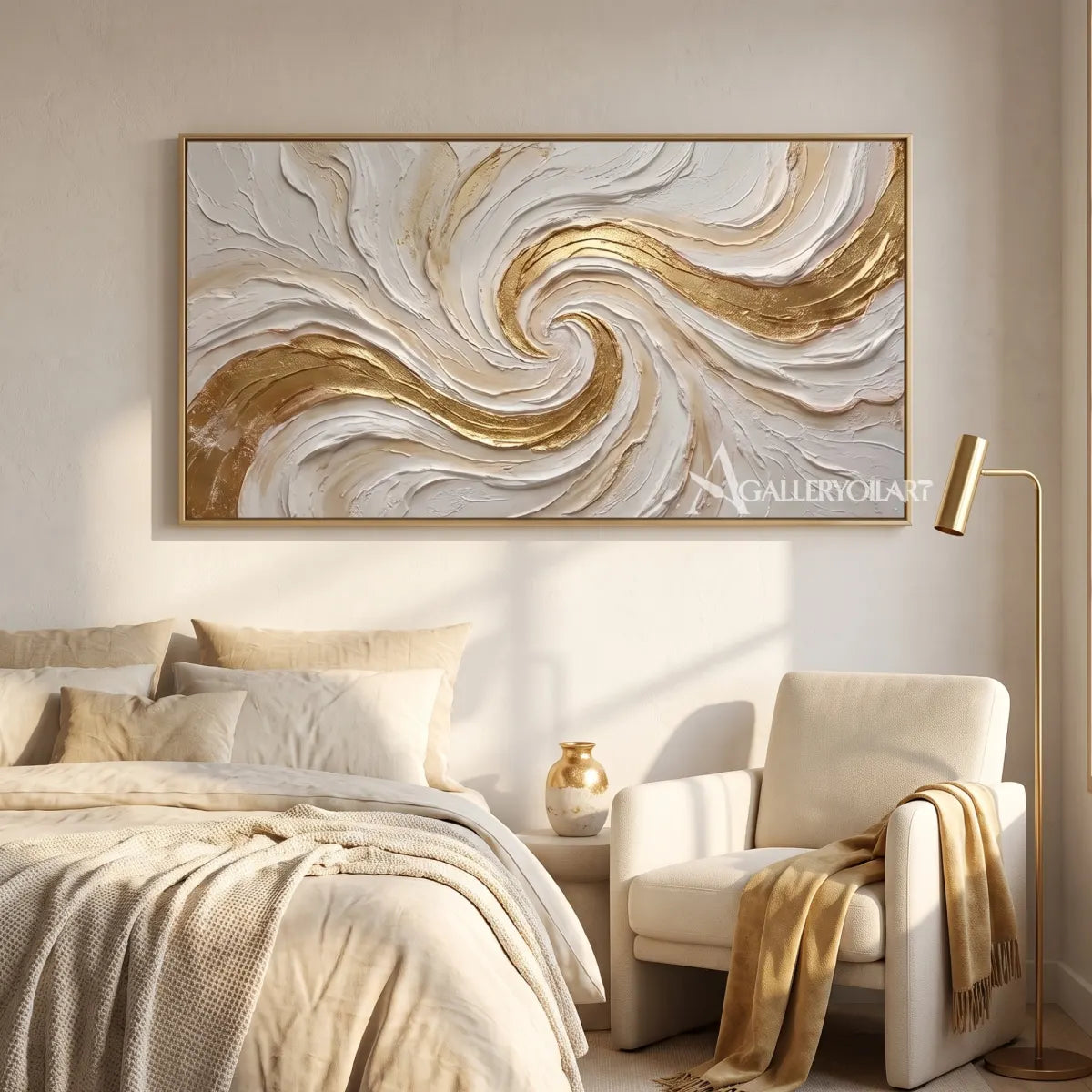 Textured 3D gilded spiral current in white and gold relief in a bedroom reading nook