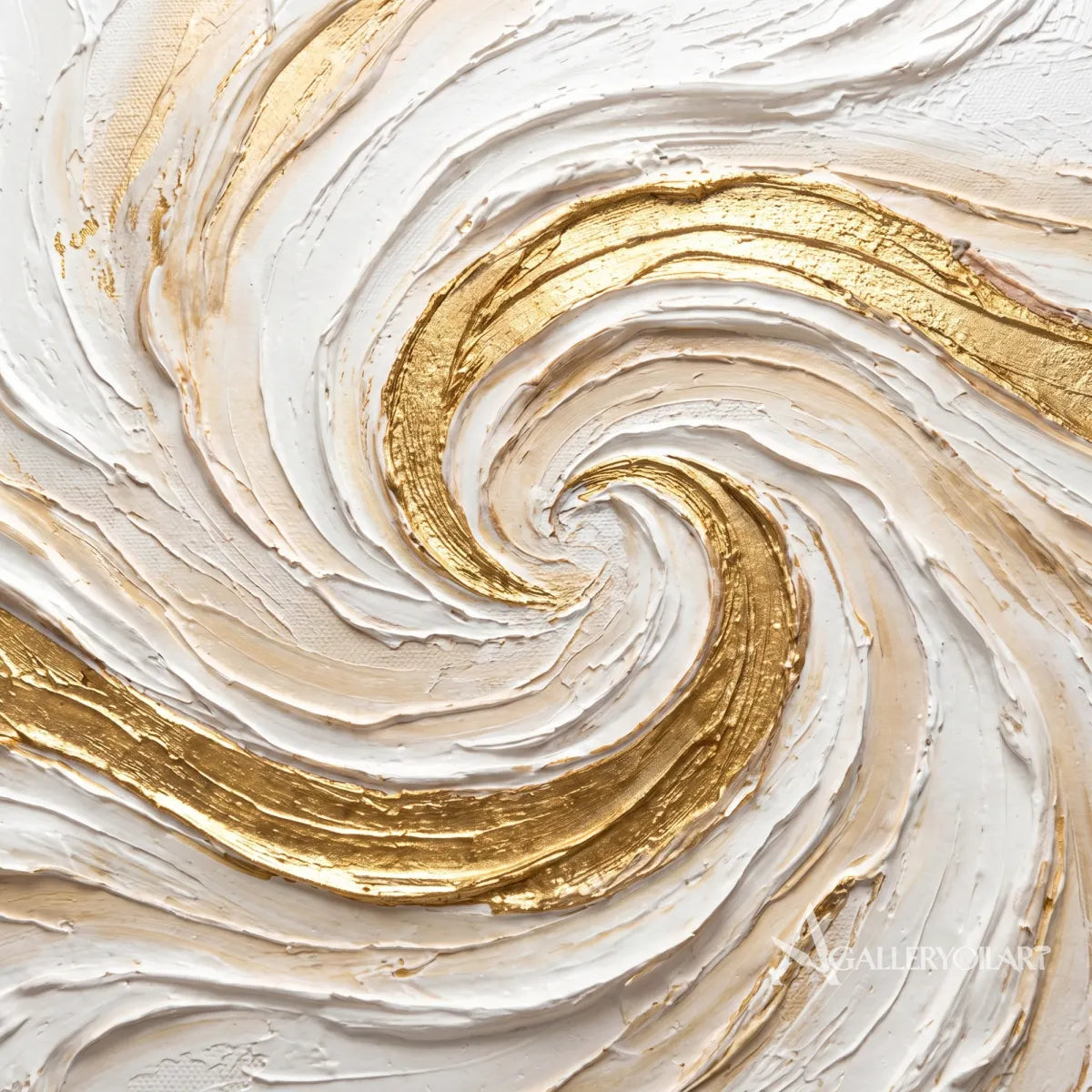 Textured 3D gilded spiral current in white and gold relief in a detail