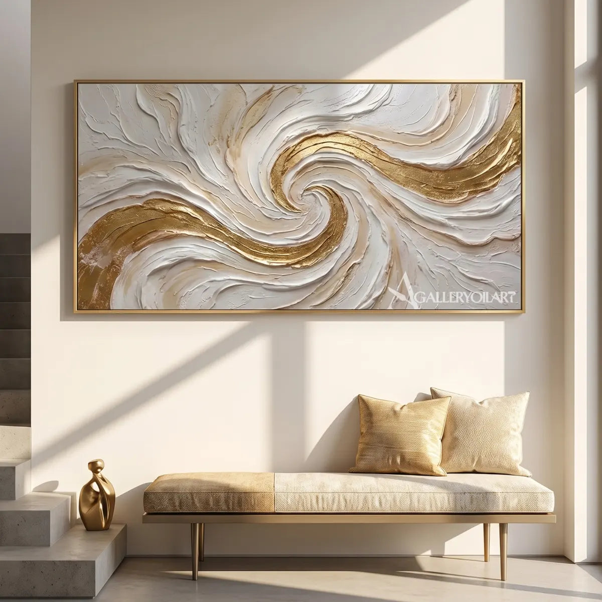 Textured 3D gilded spiral current in white and gold relief in a gallery wall