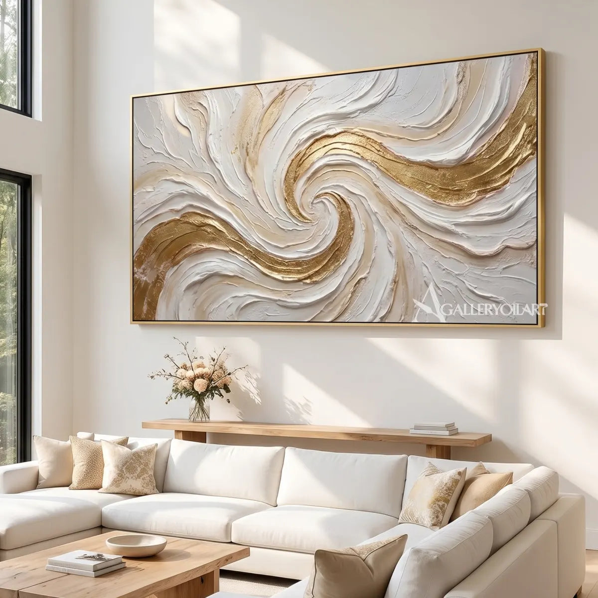 Textured 3D gilded spiral current in white and gold relief in a living room