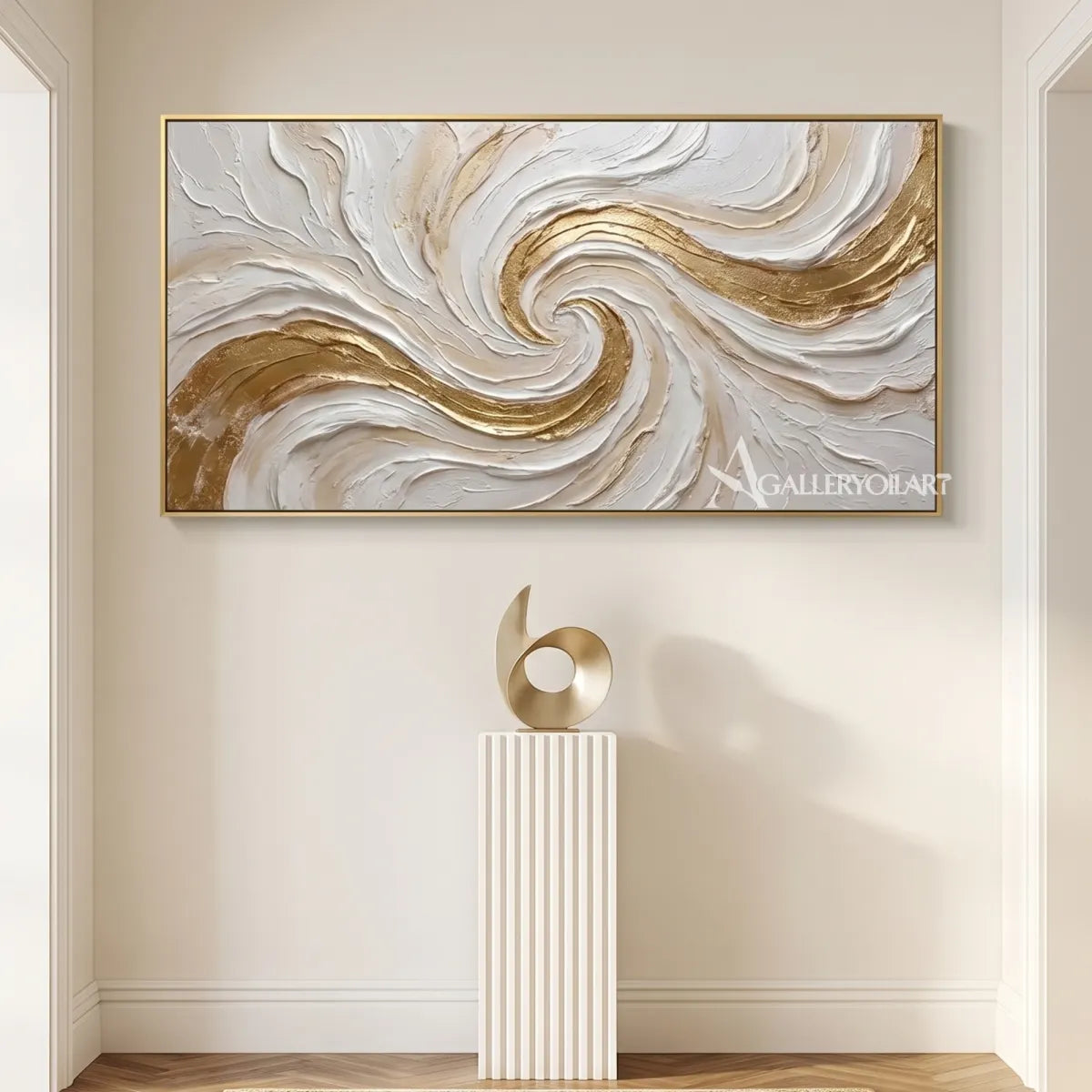 Textured 3D gilded spiral current in white and gold relief in a modern hallway