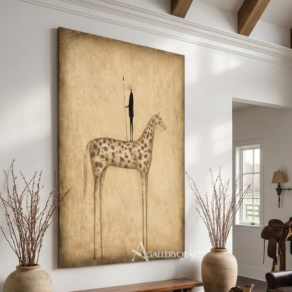 Spotted-giraffe-and-slim-black-bird-against-textured-beige-ground