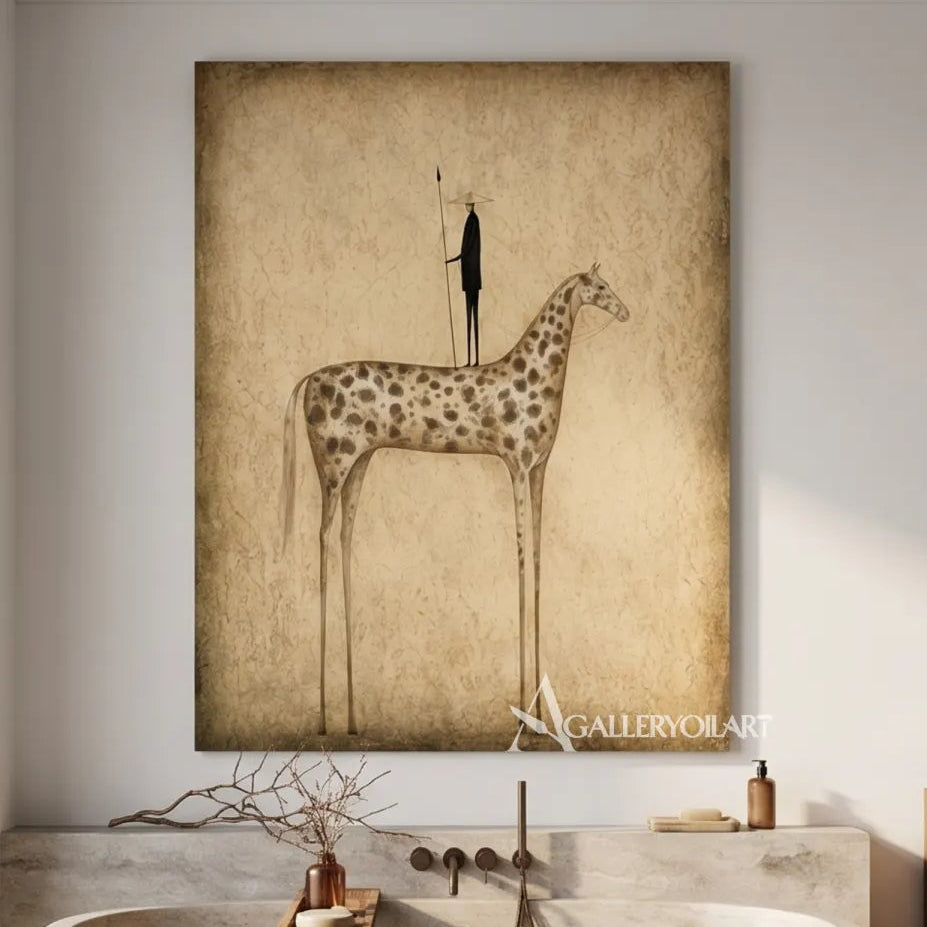 Long-legged-spotted-giraffe-with-black-bird-in-minimal-beige-scene