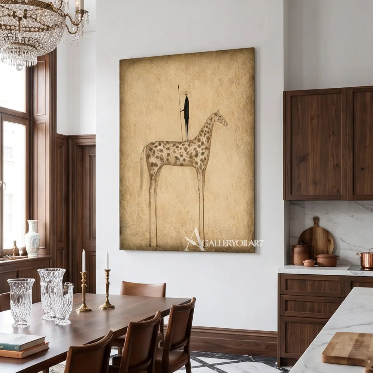 Full-length-spotted-giraffe-and-black-bird-standing-against-beige