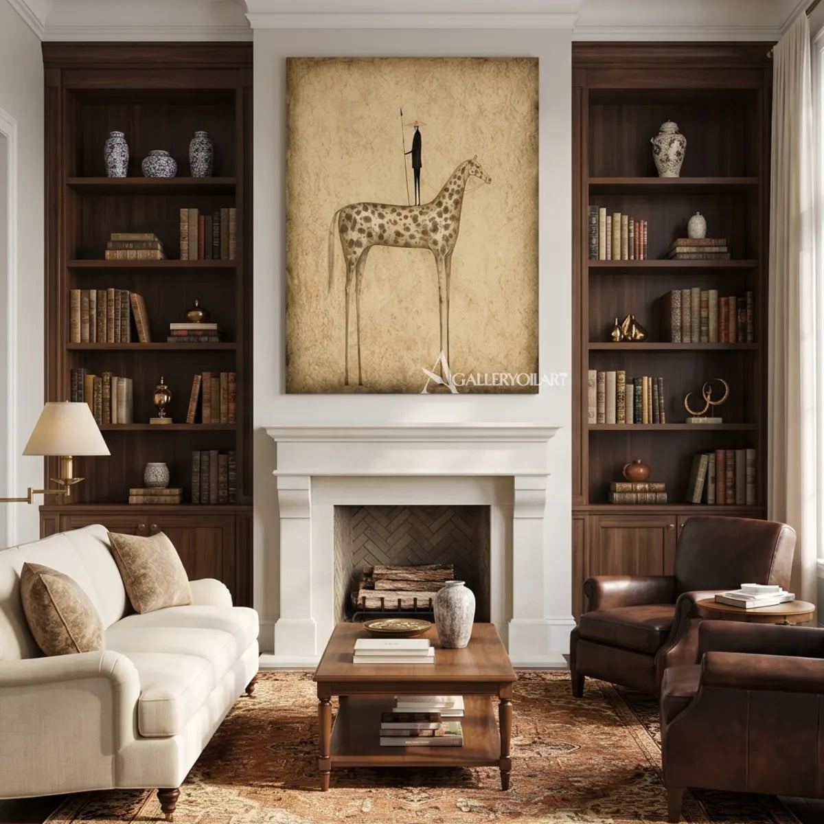 Full-giraffe-portrait-with-black-bird-and-sparse-plants-in-muted-beige