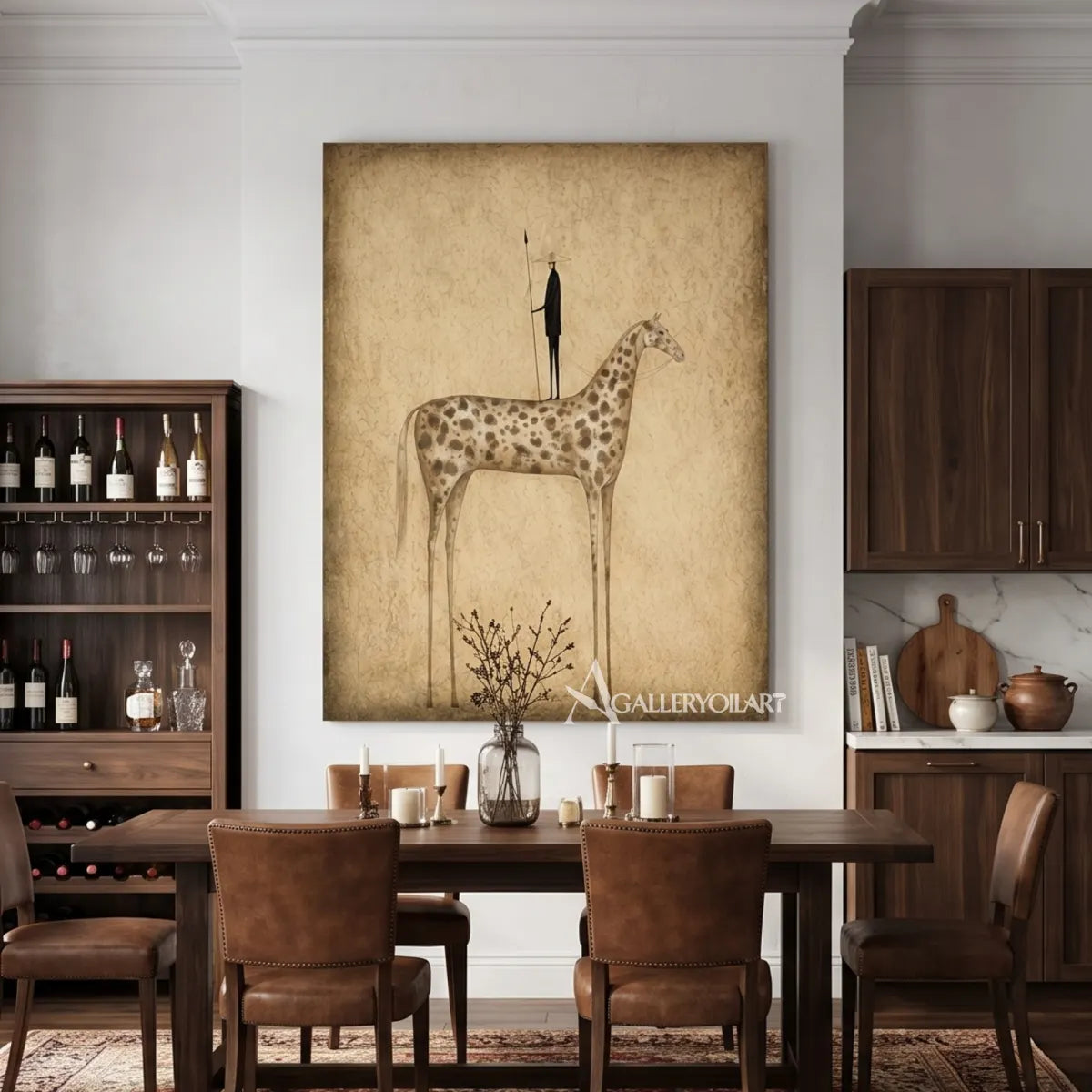 Tall-giraffe-with-spotted-coat-and-black-bird-in-beige-western-art