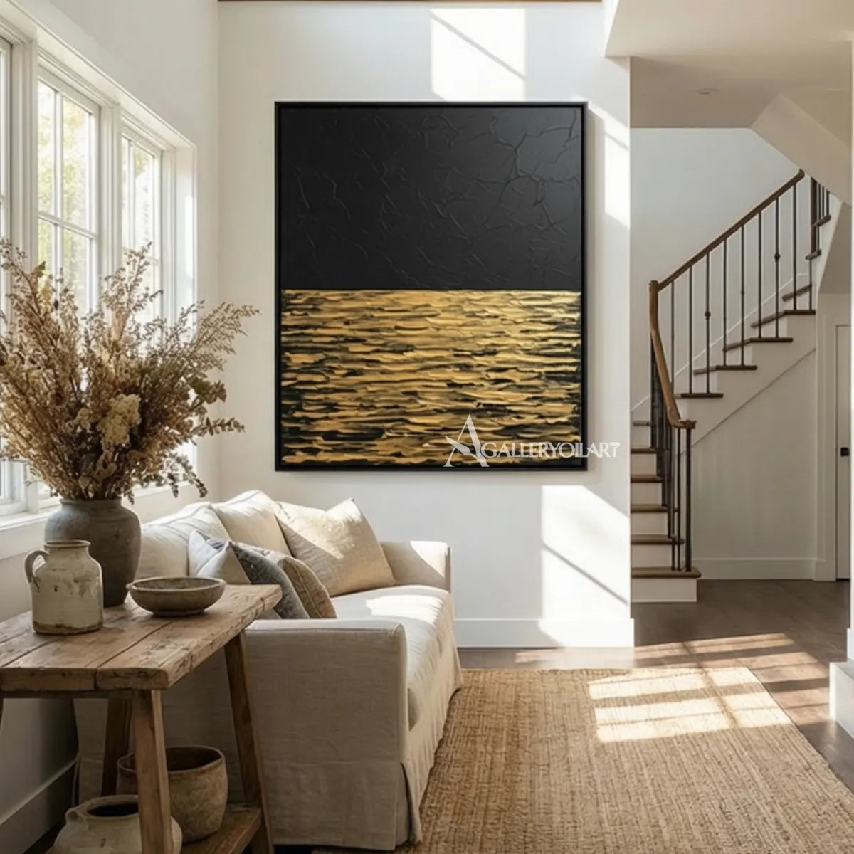 Textured gold and black horizon sea beach wall art in bedroom
