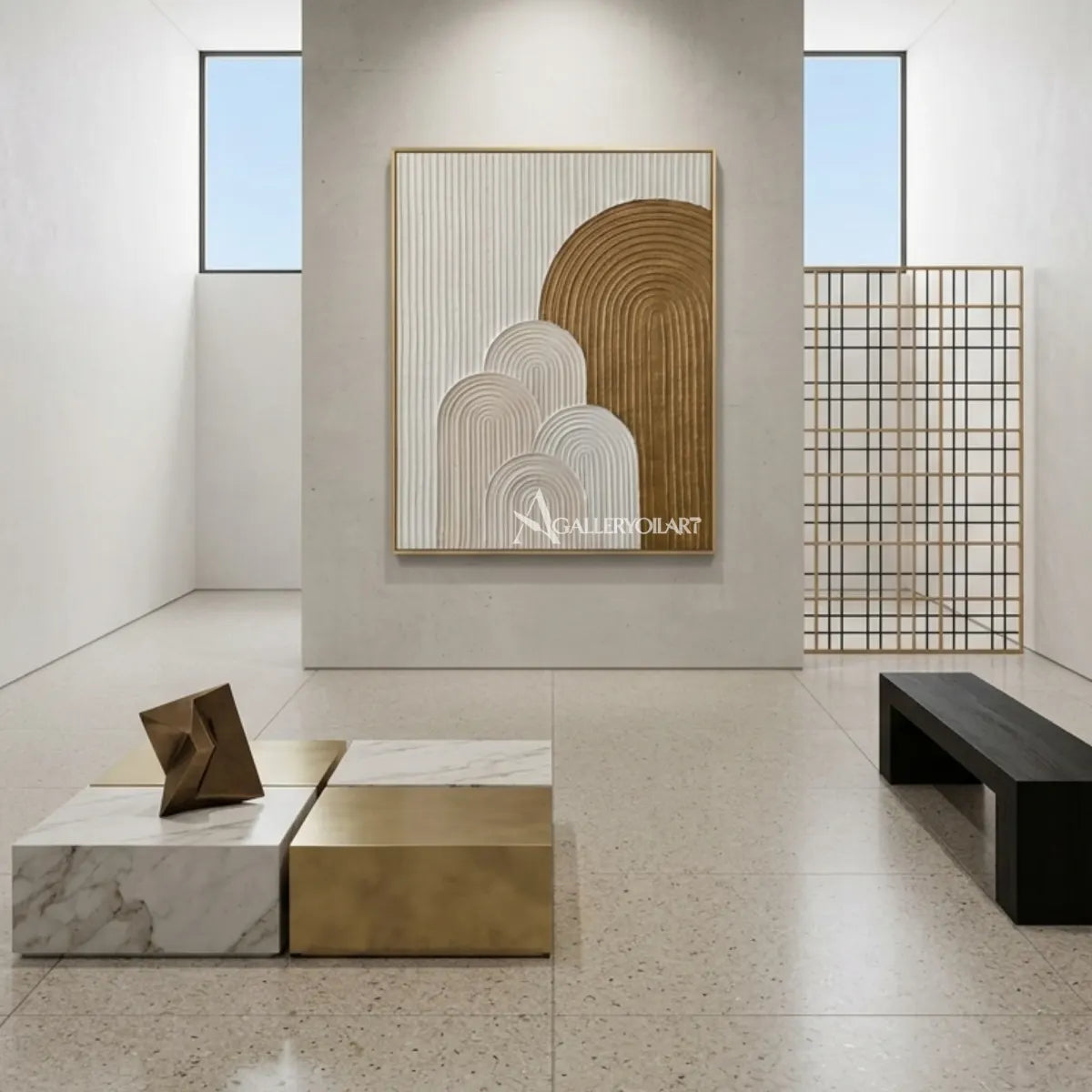 Textured-3D-golden-arch-rise-gold-wall-art-interior-7