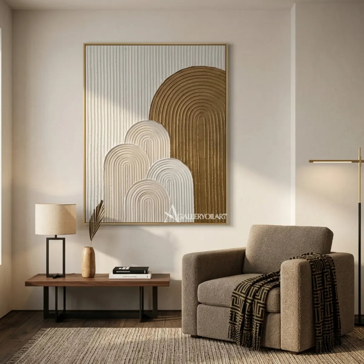Textured-3D-golden-arch-rise-gold-wall-art-lounge