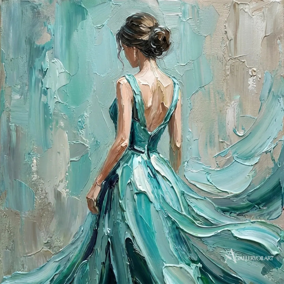 Close-up-of-a-painterly-teal-gown-with-layered-brushstrokes