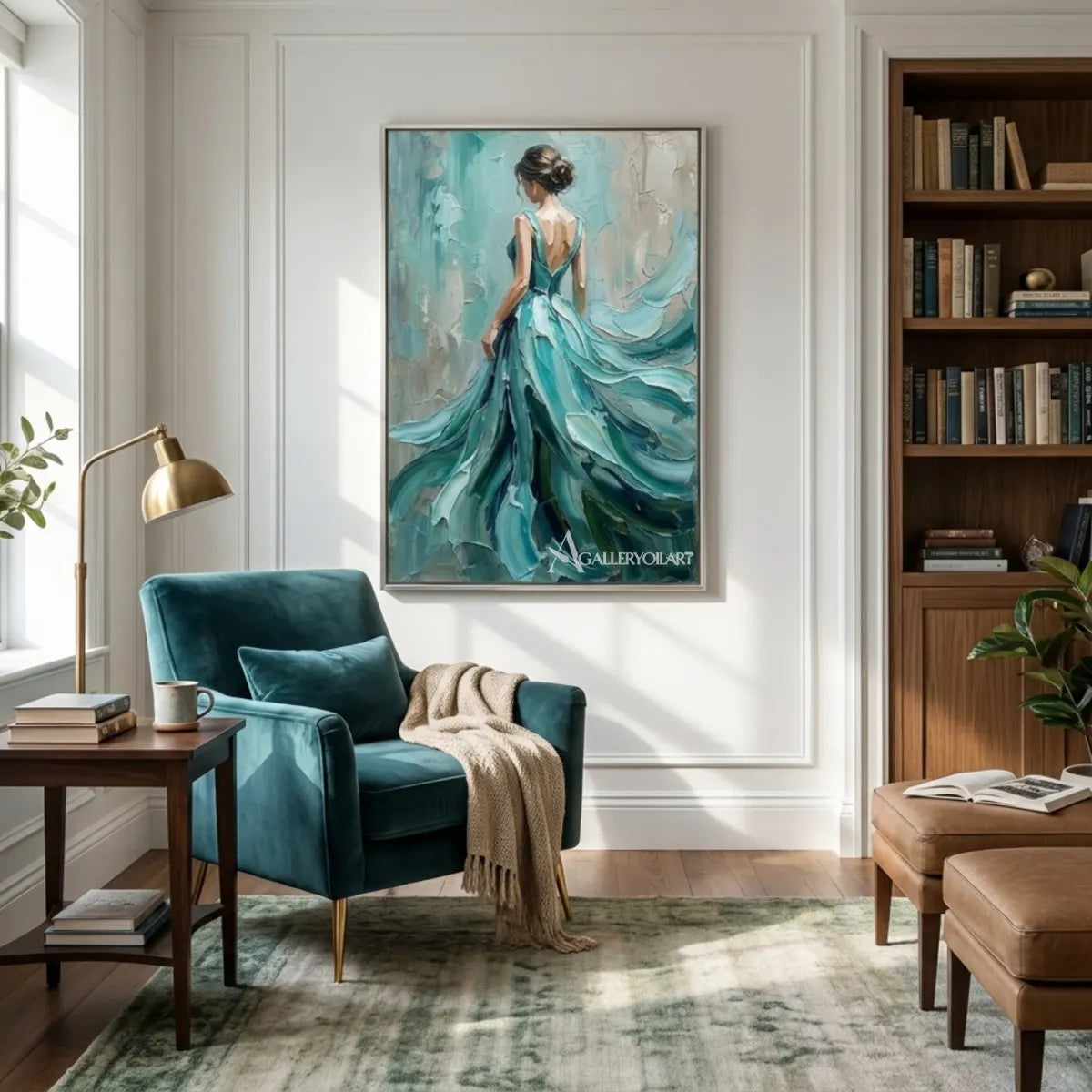 Contemporary-portrait-of-a-woman-in-a-teal-dress-above-a-lounge