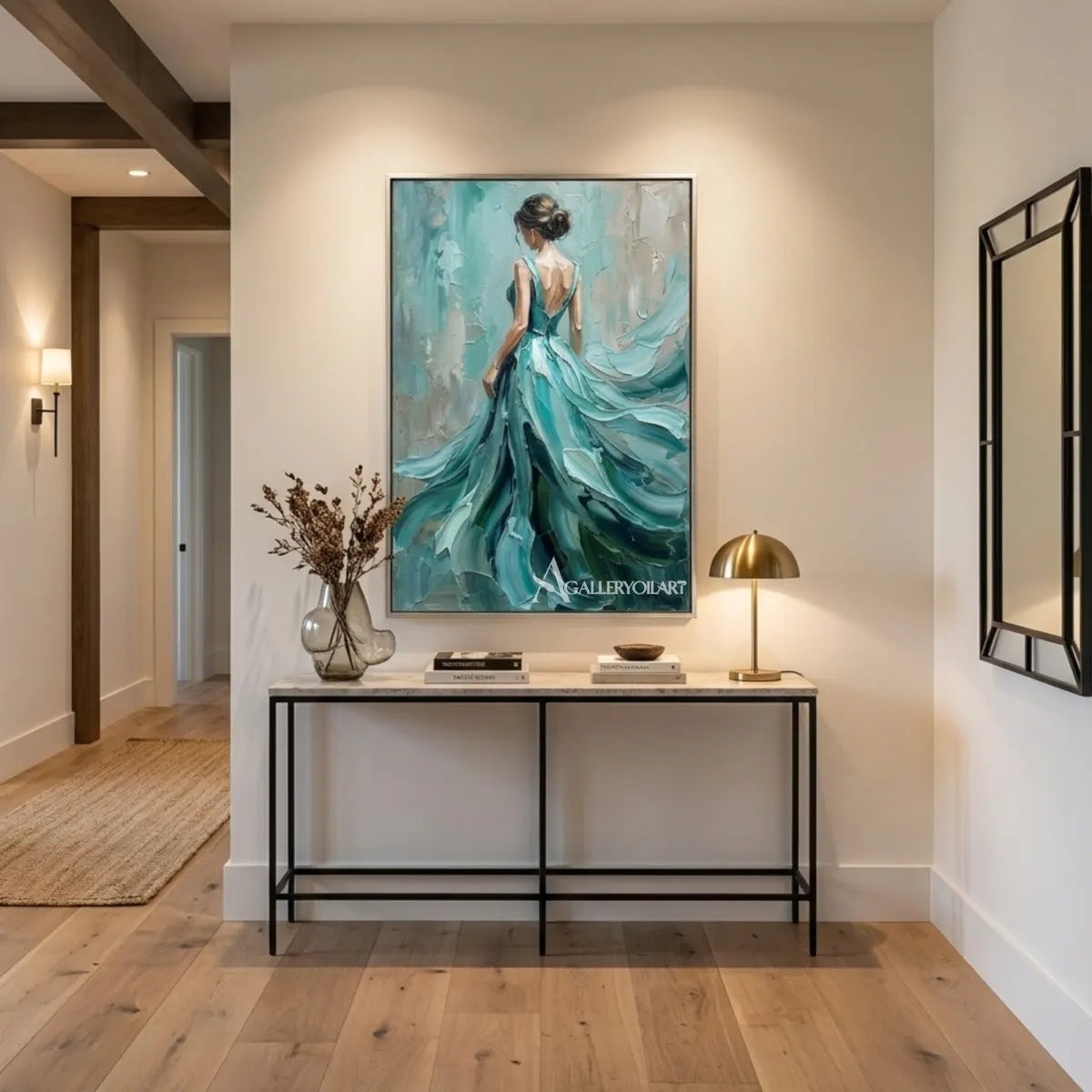 Woman-in-a-teal-gown-portrait-art-in-a-transitional-hall