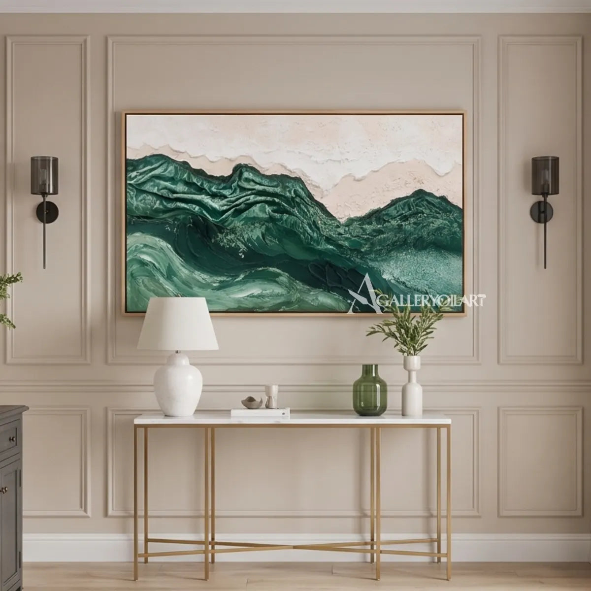 panoramic-sea-beach-art-textured-green-ridges-in-a-hallway