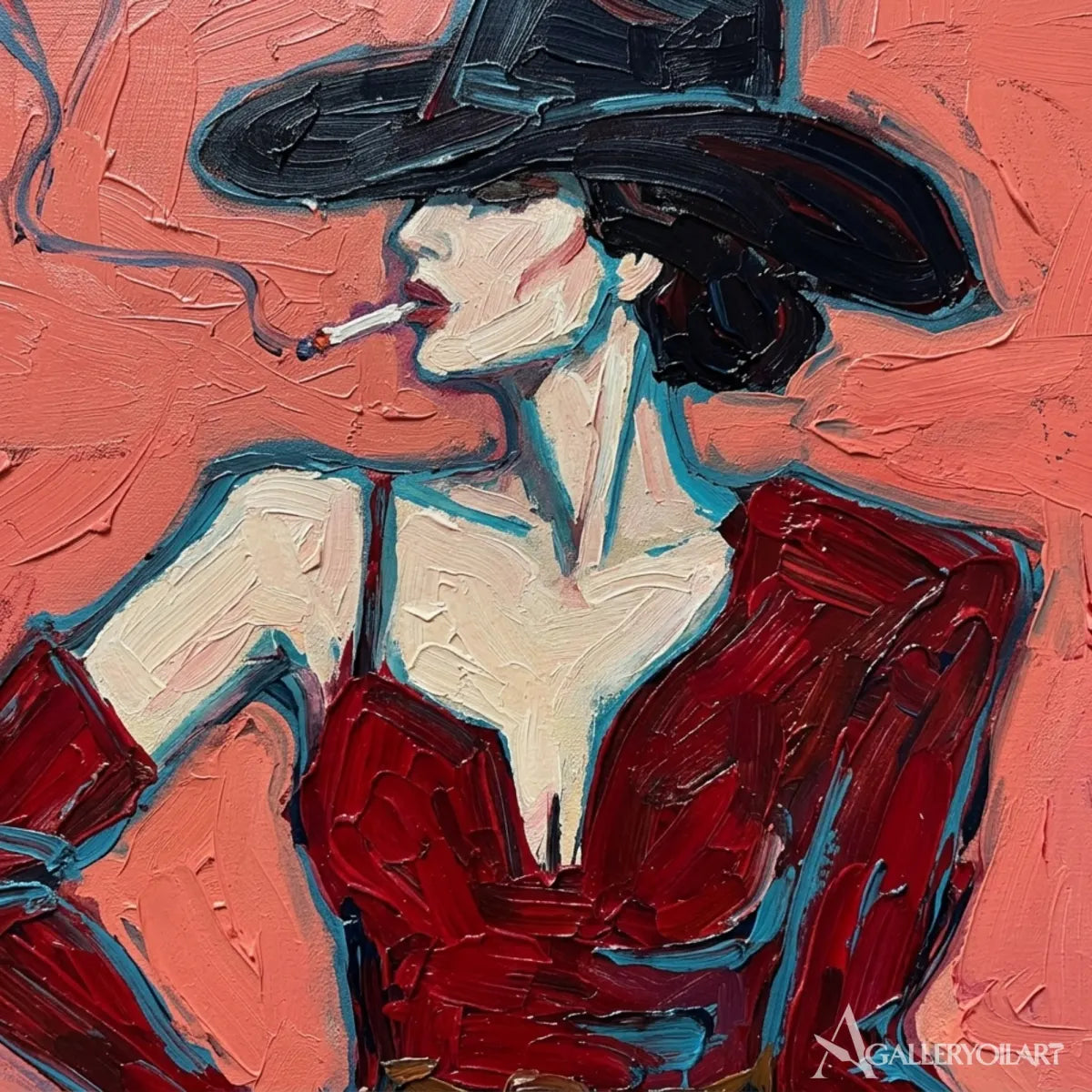 woman-in-red-suit-with-yellow-handbag-pop-art-pink-painting-detail