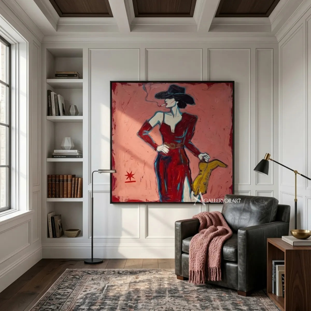 woman-in-red-suit-with-yellow-handbag-pop-art-pink-reading-lounge