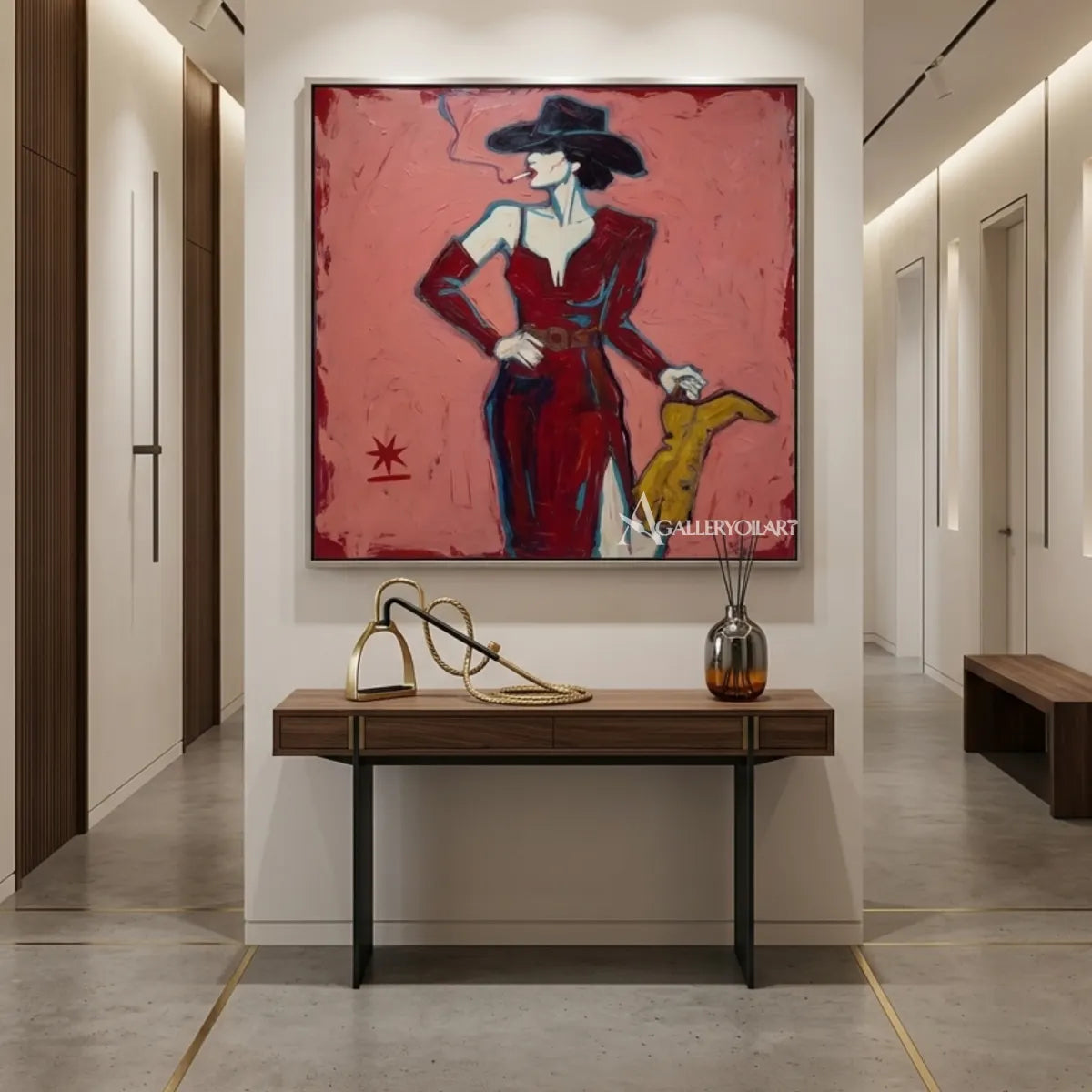woman-in-red-suit-with-yellow-handbag-pop-art-pink-transitional-interior