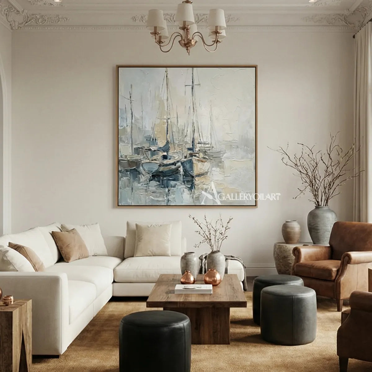 Quiet-sailboat-harbor-sea-beach-blue-wall-art-in-a-warm-neutral-lounge