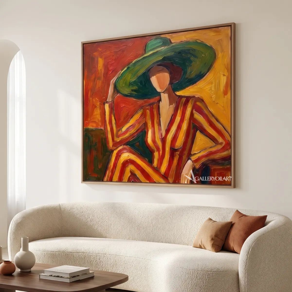 hat muse pop-art orange wall art in a warm modern interior 3
