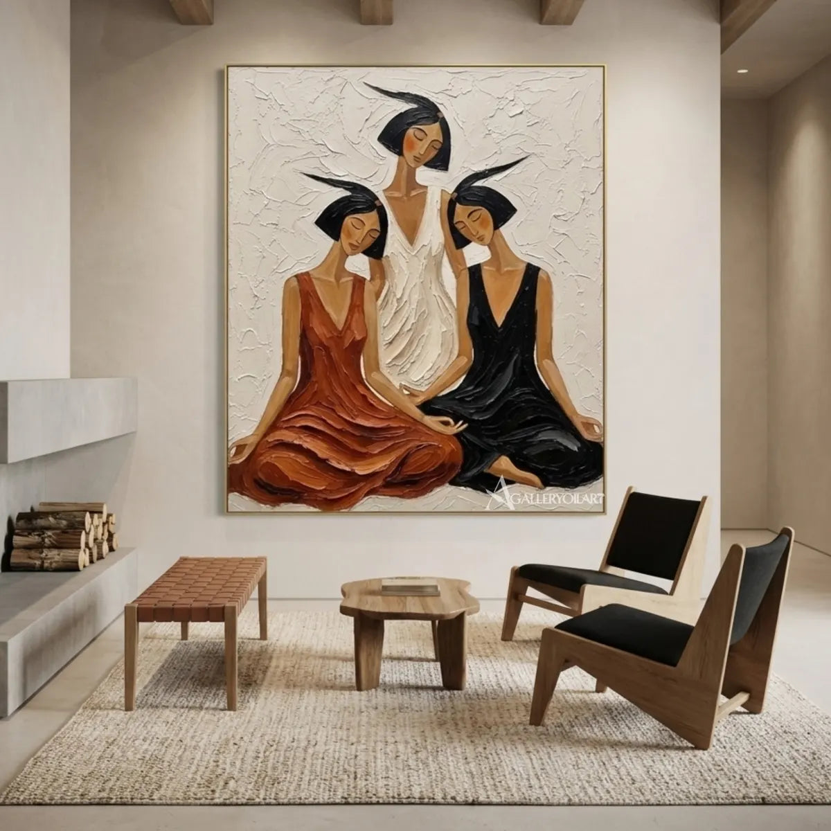 two-women-in-broad-brimmed-hats-portrait-art-brown-wall-art-minimalist-room