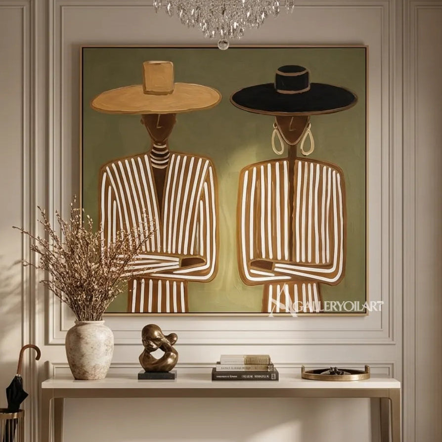 Portrait-art-painting-of-two-hatted-figures-in-striped-shirts-against-olive-green-above-a-console