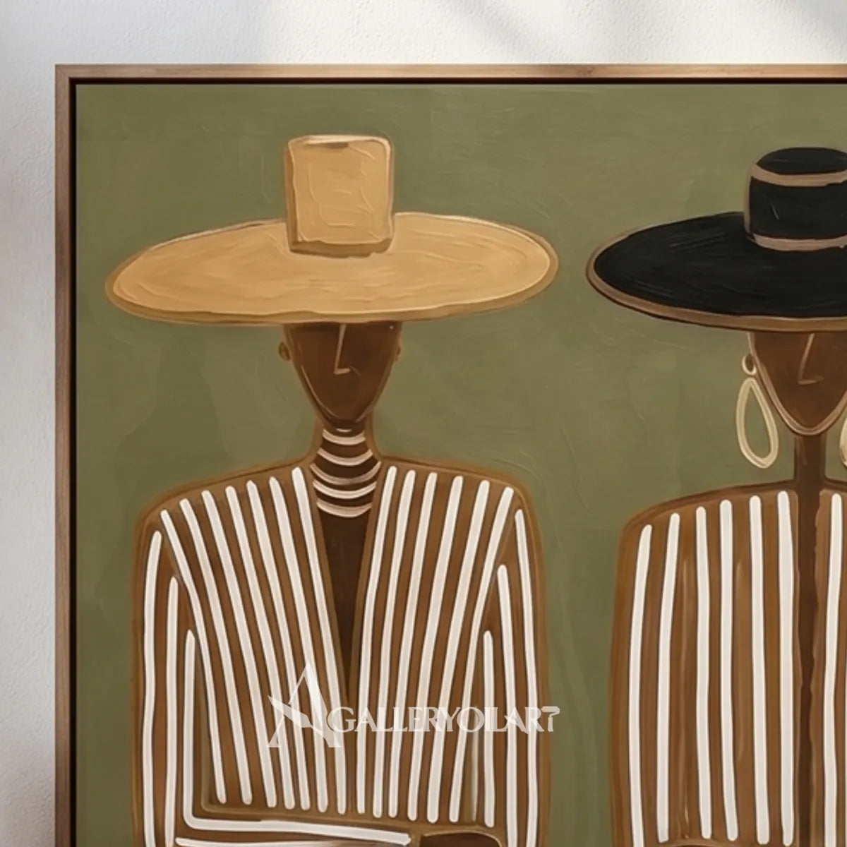 Close-up-portrait-art-of-two-hatted-figures-in-striped-shirts-and-broad-brimmed-hats-against-olive-green