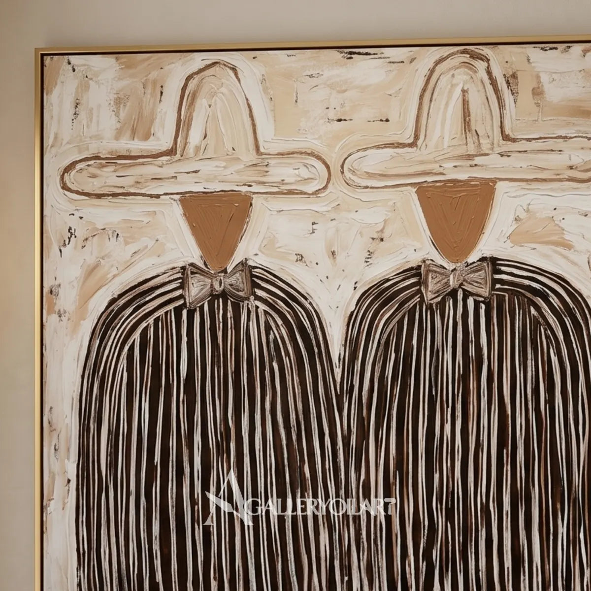 Close-up-portrait-art-of-two-hatted-figures-in-dark-striped-coats-against-distressed-beige-paint