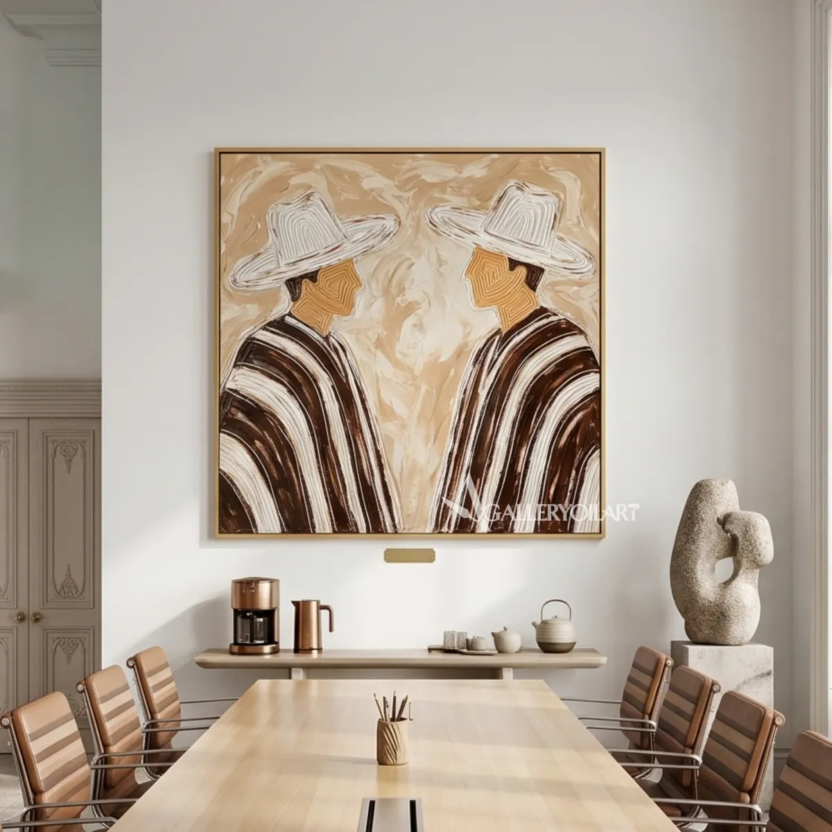Portrait-art-painting-of-two-hatted-figures-facing-each-other-in-striped-coats-against-beige-and-brown-in-a-dining-room